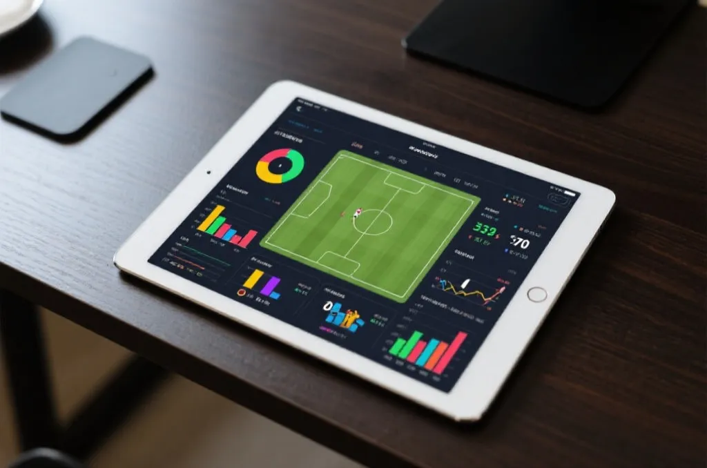 A modern tablet device displaying generic soccer match statistics with colorful charts and player performance metrics